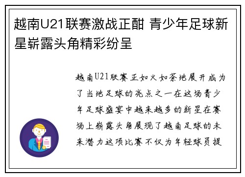 越南U21联赛激战正酣 青少年足球新星崭露头角精彩纷呈